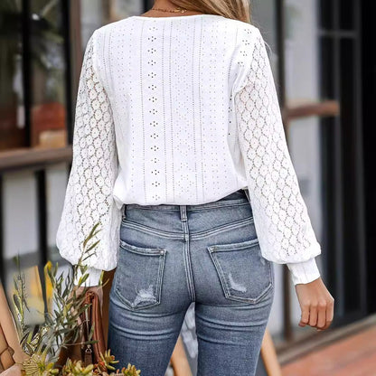 Women Casual Elegant Lace Stitching V-Neck Lantern Sleeve Blouse