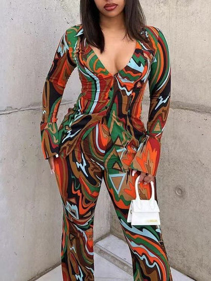 Women Loose Casual Deep V Neck Single Breasted Shirt Blouse And Sexy Printed Wide-Leg Pants Fashion Two-Piece Set