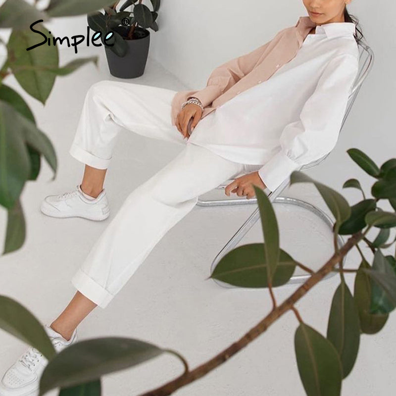 Women Work Casual Color Blocking Single-Breasted Long Puff Sleeves Blouse