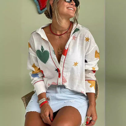 Women Fashion Casual Printed Lapel Long-Sleeve Loose Blouse
