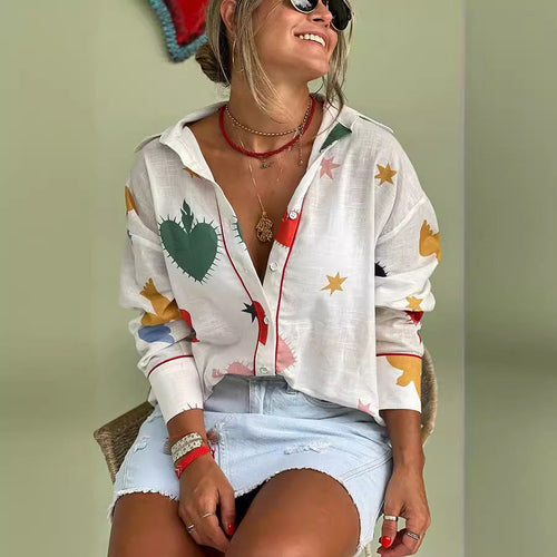 Women Fashion Casual Printed Lapel Long-Sleeve Loose Blouse