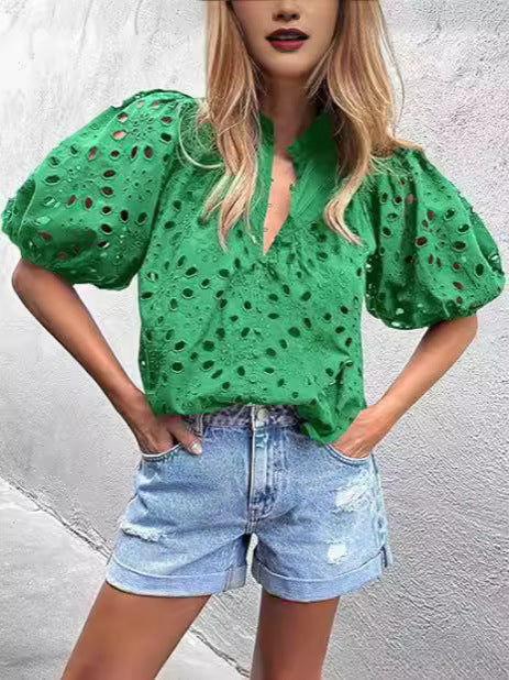 Women Summer Fashion Casual Lantern Sleeve V-Neck Button Hollow Lace Embroidered Blouse
