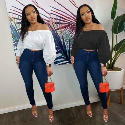 Women Fashion Casual Solid Color Off-Shoulder Long Sleeve Crop Blouse