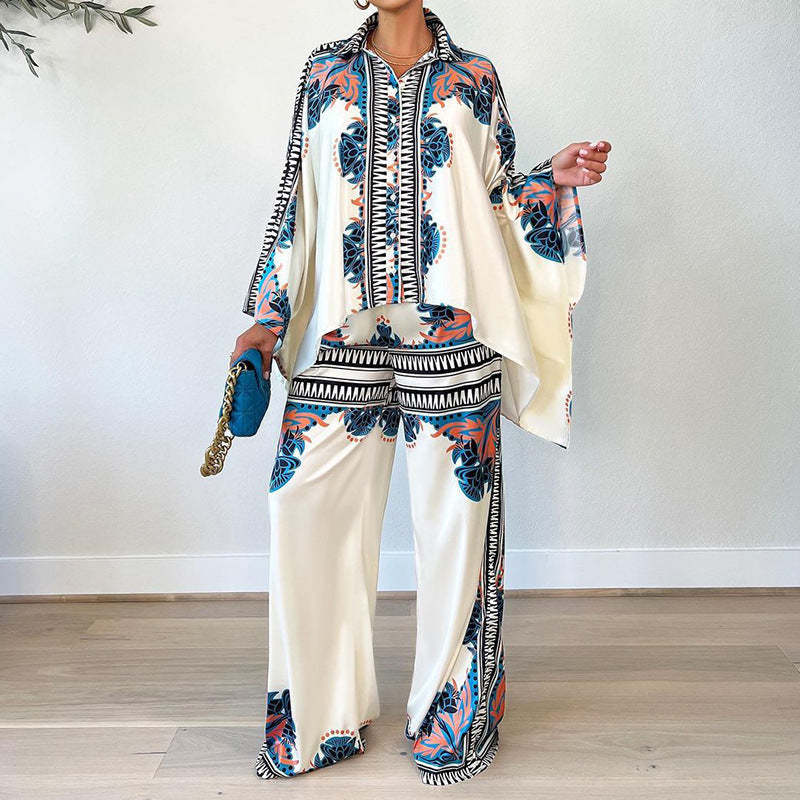 Women Summer Casual Printed Bat Sleeve Blouse Loose Pants Two-Piece Set