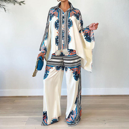 Women Summer Casual Printed Bat Sleeve Blouse Loose Pants Two-Piece Set