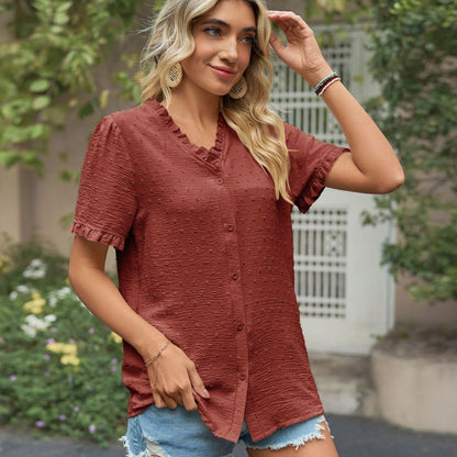 Womensummer Casual V Neck Floral Chiffon Short Sleeve Solid Color Blouse