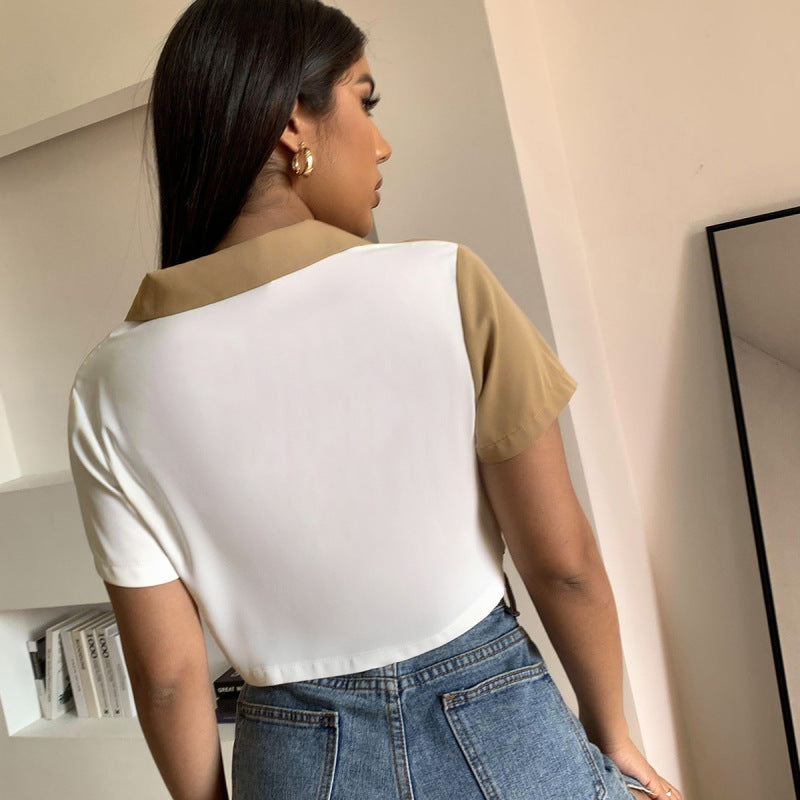 Women Casual Elegant Basic Color Blocking Pocket Single-breasted Short Sleeve Crop Blouse