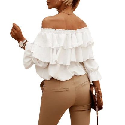 Women Elegant Solid Color Chiffon Off-the-shoulder Ruffled Casual Loose Blouse