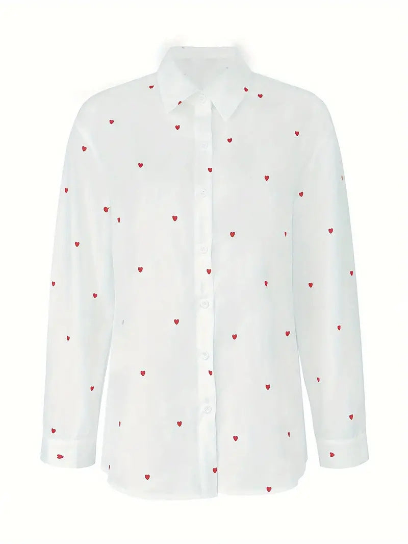 Women Fashion Casual Love Print Lapel Long Sleeve Blouse