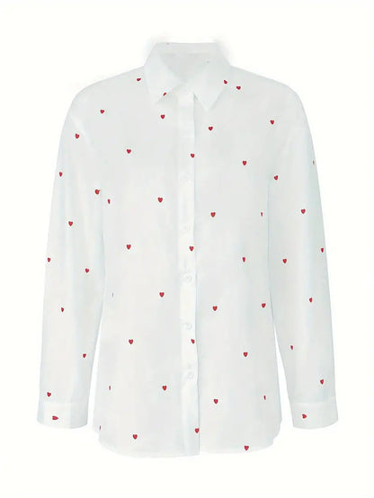 Women Fashion Casual Love Print Lapel Long Sleeve Blouse