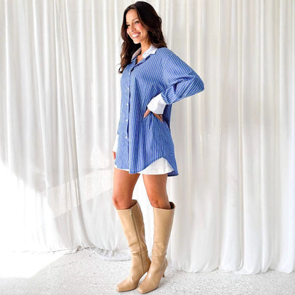 Women Fashion Casual Contrast Color Stripe Lapel Long-Sleeve Loose Blouse