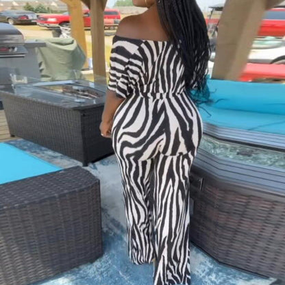 Women Casual Elegant Office Chic Zebra Short Sleeve Crop Blouse And Wide Leg Pants