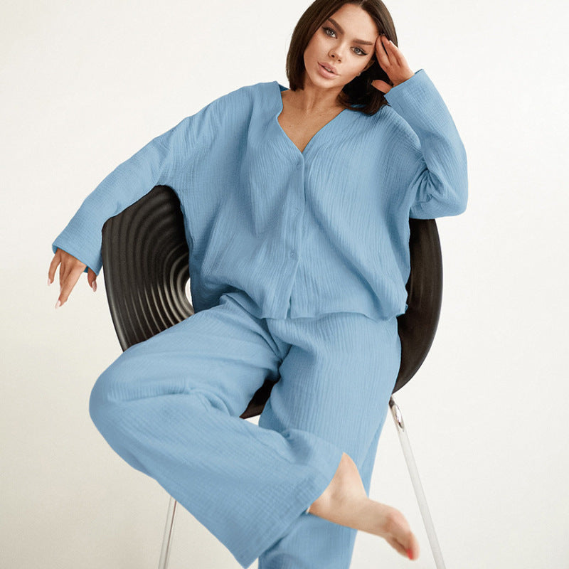 Women Fashion Casual Loose Solid Color Cotton Blouse Top Pants Home Pajamas Two-Piece Set