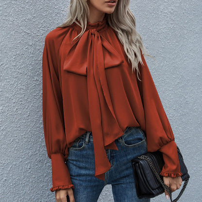 Women Casual Elegant High Neck Bow Tie Bubble Long Sleeve Loose Blouse