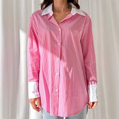 Women Fashion Casual Contrast Color Stripe Lapel Long-Sleeve Loose Blouse