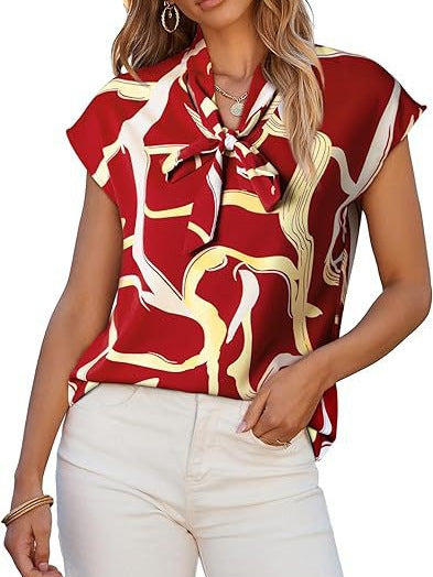 Women Summer Graphic Print Casual Ribbon Bow V-Neck Short Sleeve Blouse