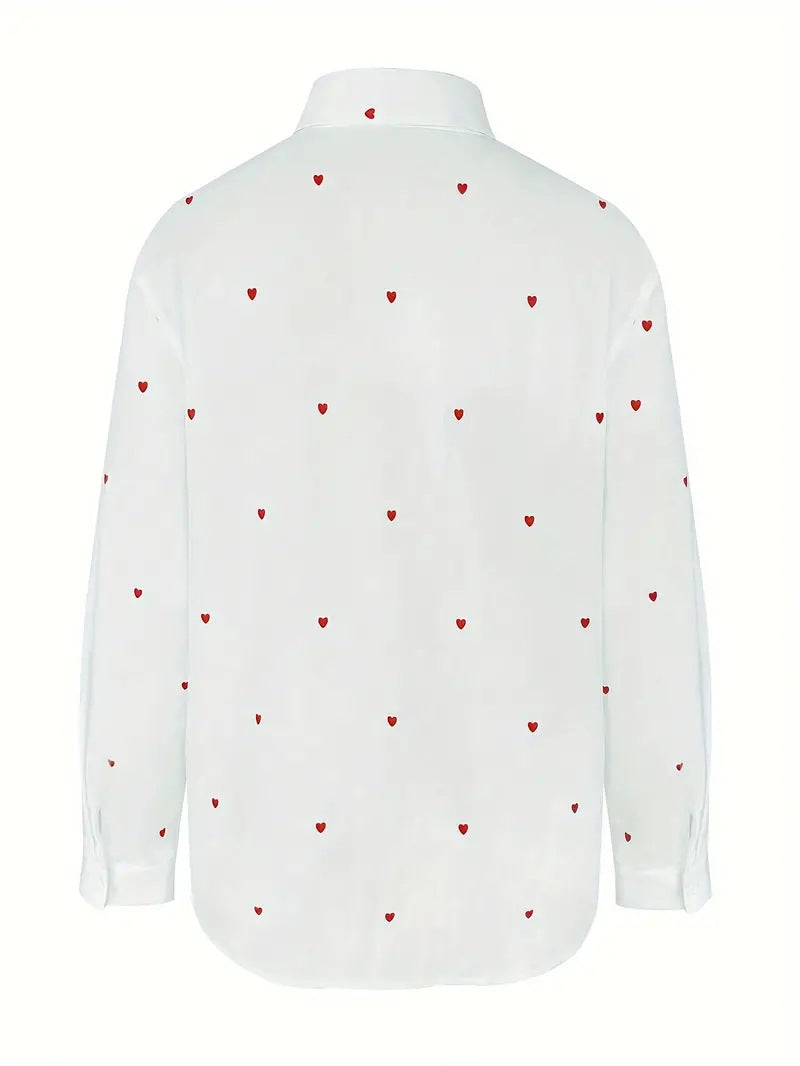 Women Fashion Casual Love Print Lapel Long Sleeve Blouse
