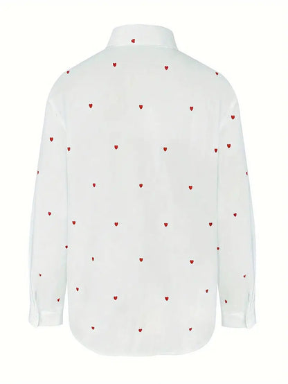 Women Fashion Casual Love Print Lapel Long Sleeve Blouse