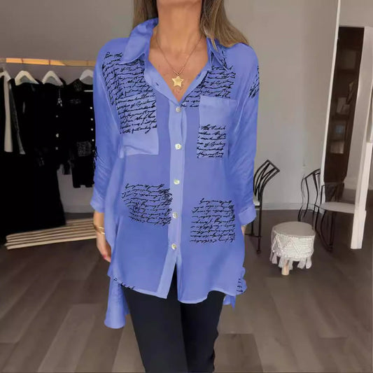 Women Fashion Casual Letter Printed Lapel Long-Sleeve Blouse