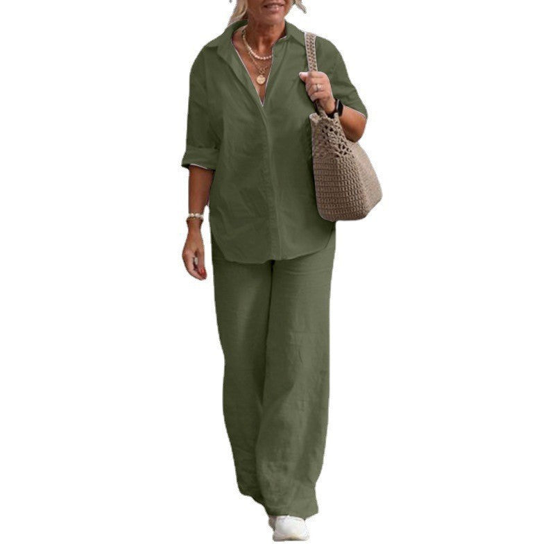 Women Fashion Casual Lapel Long-Sleeved Blouse Solid Color Pants Wide-Leg Set