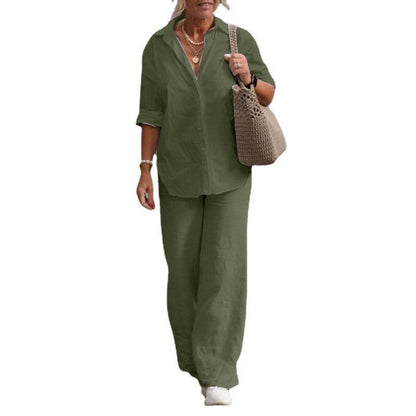 Women Fashion Casual Lapel Long-Sleeved Blouse Solid Color Pants Wide-Leg Set