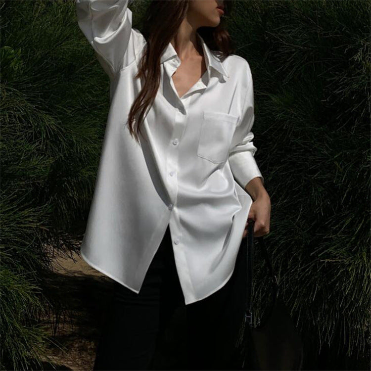 Women Fashion Casual Solid Color Satin Lapel Long-Sleeve Blouse