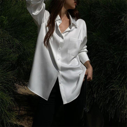 Women Fashion Casual Solid Color Satin Lapel Long-Sleeve Blouse