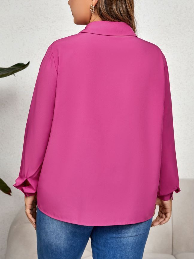 Women Plus Size Casual Office Elegant Hollow Shirt Loose Comfortable Lapel Solid Color Blouse