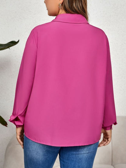 Women Plus Size Casual Office Elegant Hollow Shirt Loose Comfortable Lapel Solid Color Blouse