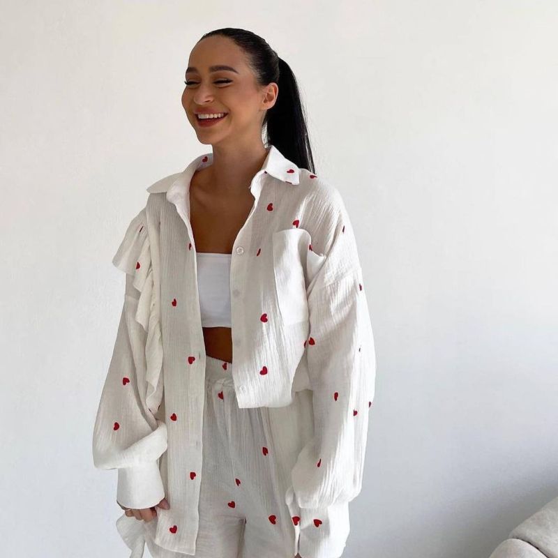 Fashion Casual Sweet Women Heart Floral Print Long Sleeve Ruffled Blouse And Shorts Set
