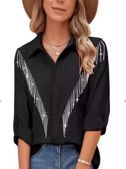 Women Fashion Casual Rhinestone Tassel Lapel Long Sleeve Blouse