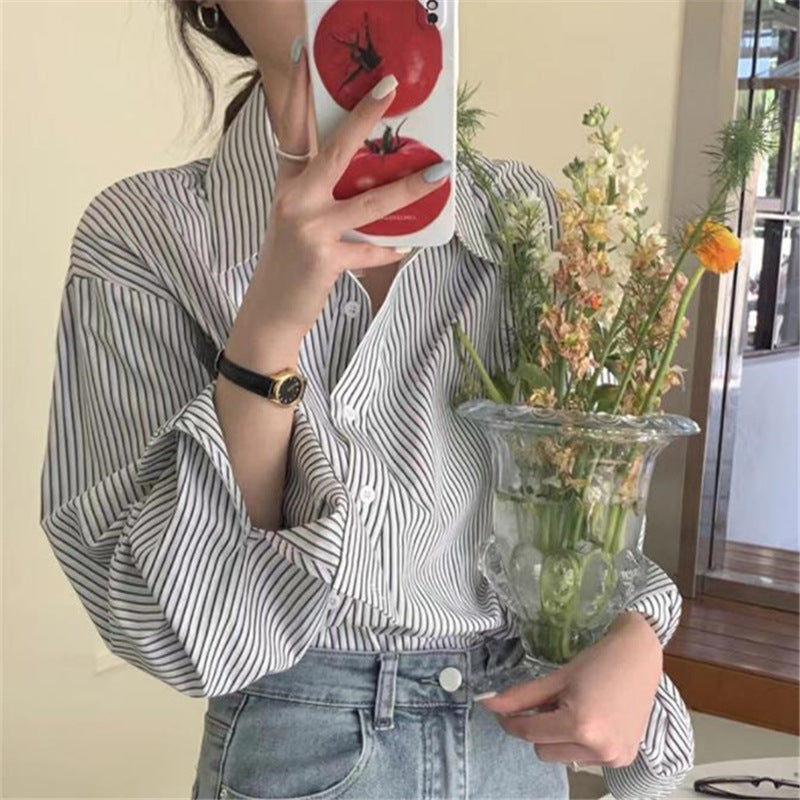 Women Fashion Casual Irregular Stripe Lapel Long-Sleeve Blouse
