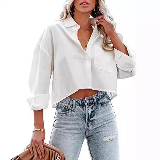 Women Fashion Casual Solid Color Lapel Long-Sleeve Buckle Blouse