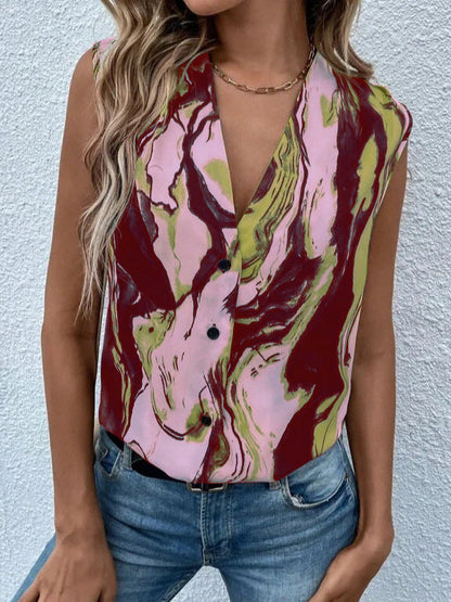 Women Summer Casual Tie Dye Marble Printed V-Neck Button-Down Sleeveless Blouse