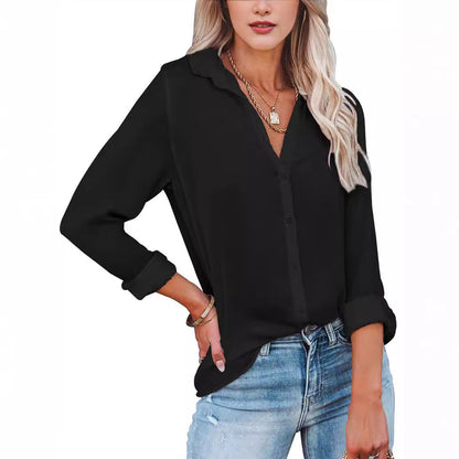 Women Casual Simple Solid Color Lapel Long Sleeve Blouse