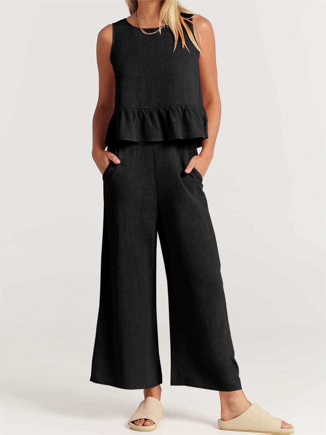 Summer Sleeveless Ruffled Blouse Wide Leg Pants Casual Women Set