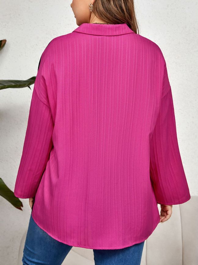 Casual Office Chic Elegant Women Plus Size Long Sleeve Lapel Color Blocking Shirt Blouse
