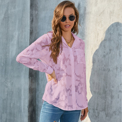 Women Fashion Casual Chiffon Loose Floral Printed Lapel Long-Sleeve Blouse