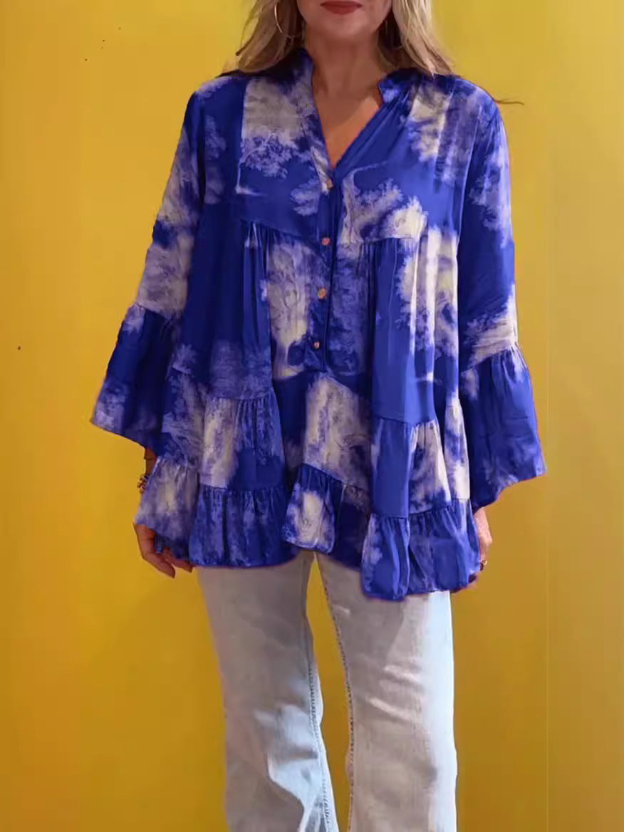 Summer Women Casual Irregular Printed Long-Sleeved Ruffled Blouse