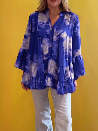 Summer Women Casual Irregular Printed Long-Sleeved Ruffled Blouse
