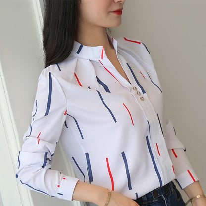 Women Casual Fashion Stripe Pattern Long Sleeve Basic Work Shirt Blouse