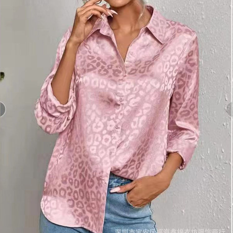 Women Casual Long-Sleeved Lapel Elegant Satin Jacquard Leopard Blouse