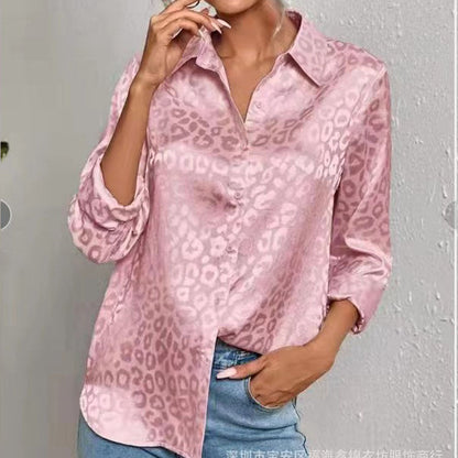 Women Casual Long-Sleeved Lapel Elegant Satin Jacquard Leopard Blouse