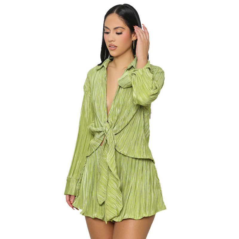 Women Casual Knotted Hemline Long-Sleeved Fashion Pleated Blouse Shorts Two-Piece Vacation Set