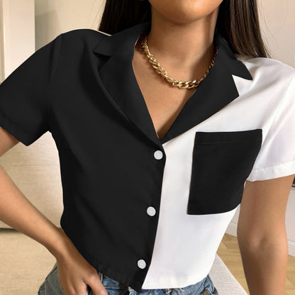 Women Casual Elegant Basic Color Blocking Pocket Single-breasted Short Sleeve Crop Blouse