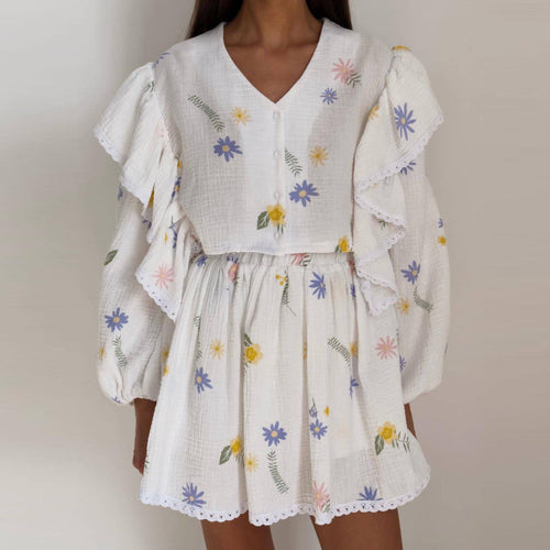 Fashion Casual Sweet Women Strawberry Heart Floral Print Long Sleeve Ruffled Blouse And Skirt Set