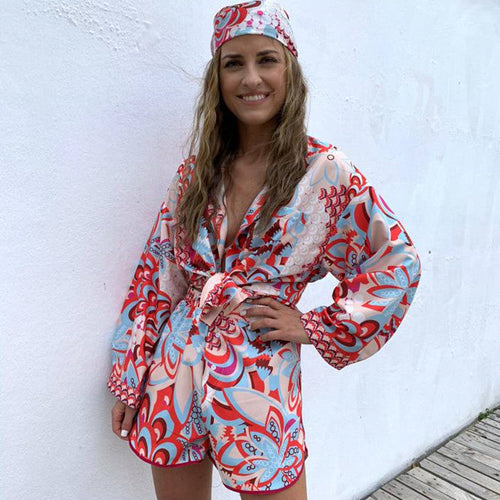 Women Elegant Bohemian Fashion Casual Vintage Long Sleeves Blouse And Shorts With Turban Three Piece Set