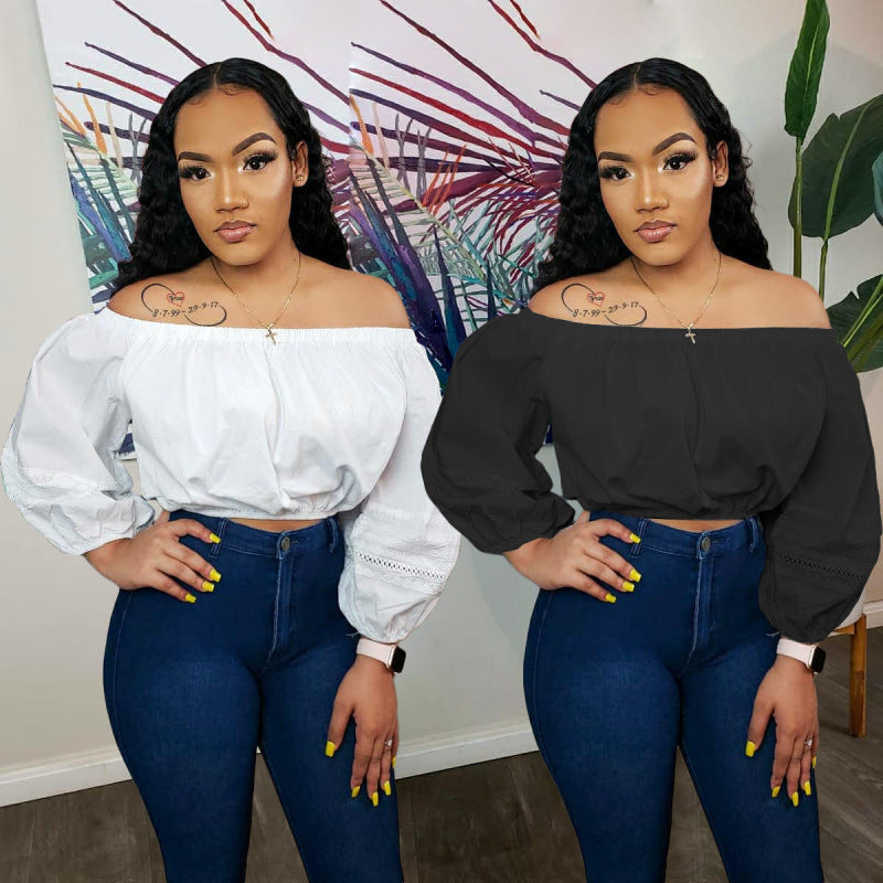 Women Fashion Casual Solid Color Off-Shoulder Long Sleeve Crop Blouse