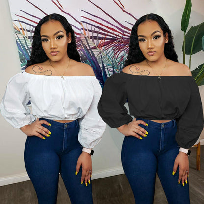 Women Fashion Casual Solid Color Off-Shoulder Long Sleeve Crop Blouse