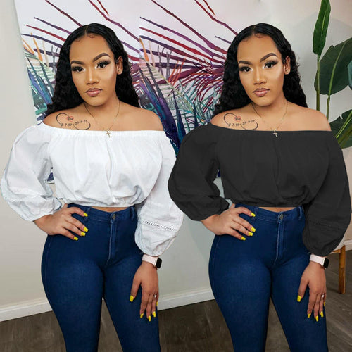 Women Fashion Casual Solid Color Off-Shoulder Long Sleeve Crop Blouse